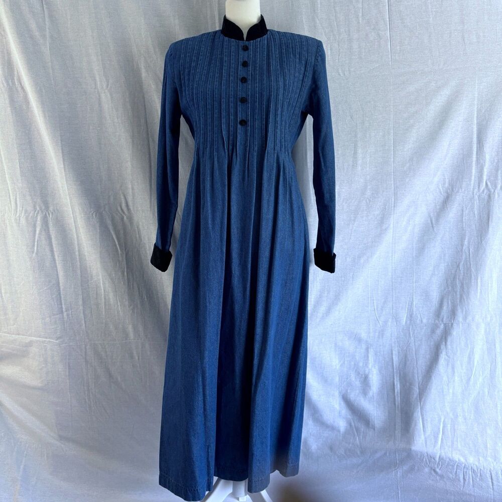 Vintage 80s Petite Sophisticate Denim Maxi Dress 4P Velvet Prairie